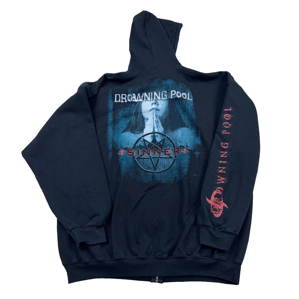 Vintage Y2K Drowning Pool Hoodie Men XXL 2XL Black Full Zip Sinner Rock Band